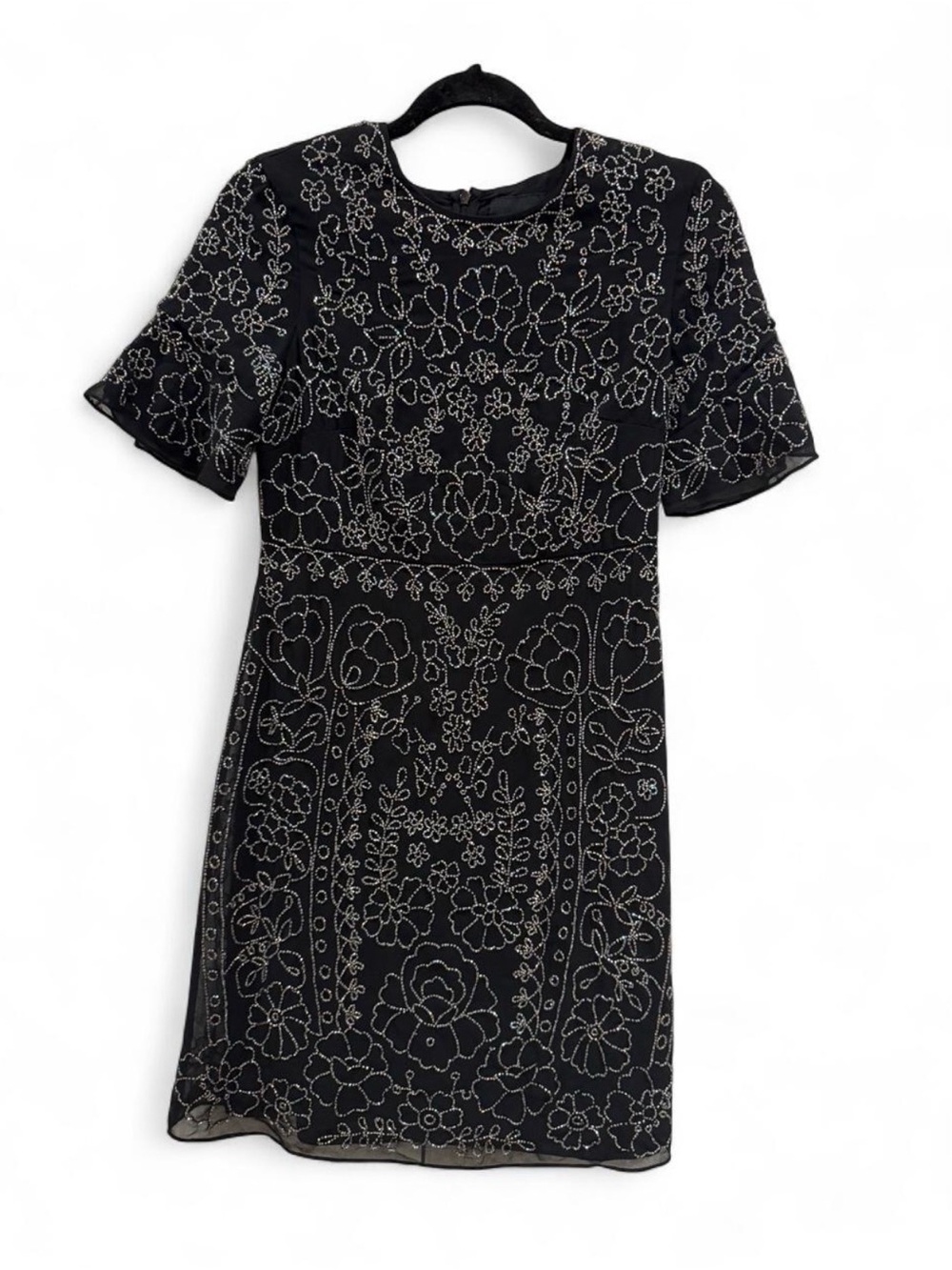 Needle & Thread Black Floral Beaded Short Sleeve Dress